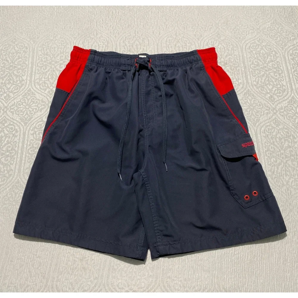Speedo Mens XL Navy Blue Red Colorblock‎ Board Shorts Swim Trunks Cargo Pocket